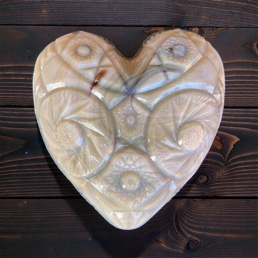 VTG LE Smith RARE Slag Glass Heart Dish Button & Pinwheel Sawtooth Edge HTF